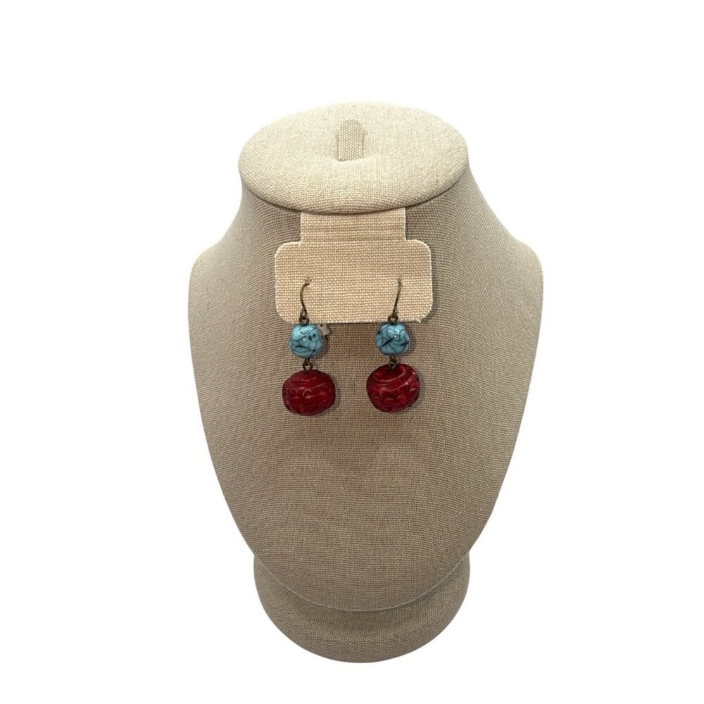 Vtg Turquoise Red Stone Wood Dangle Festival BOHO Southwestern Earrings - Picture 4 of 5
